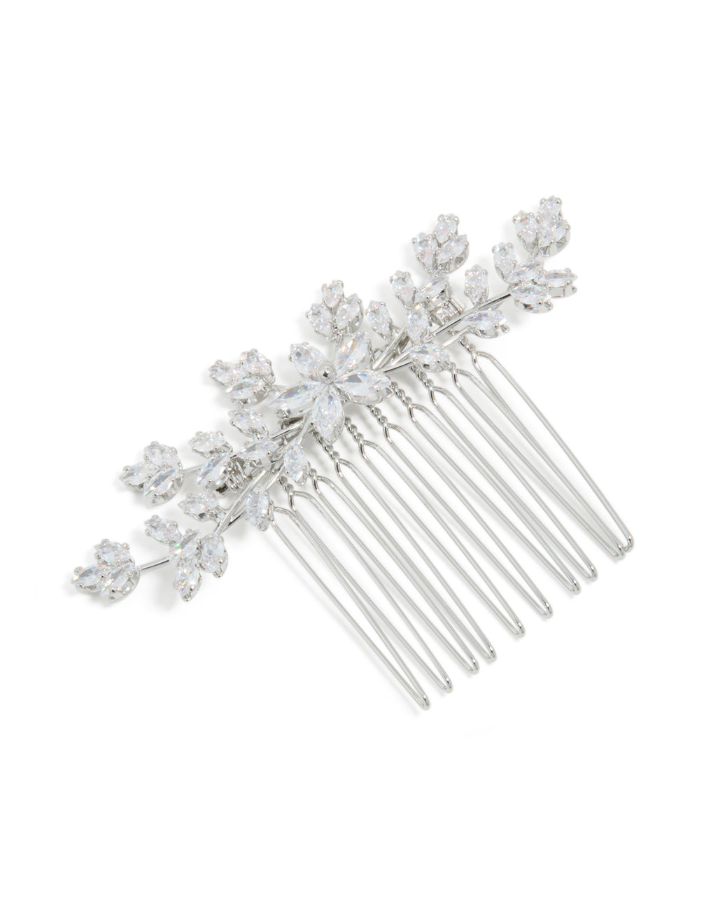 Showcasing a silver diamante dainty hair comb featuring floral details front view
