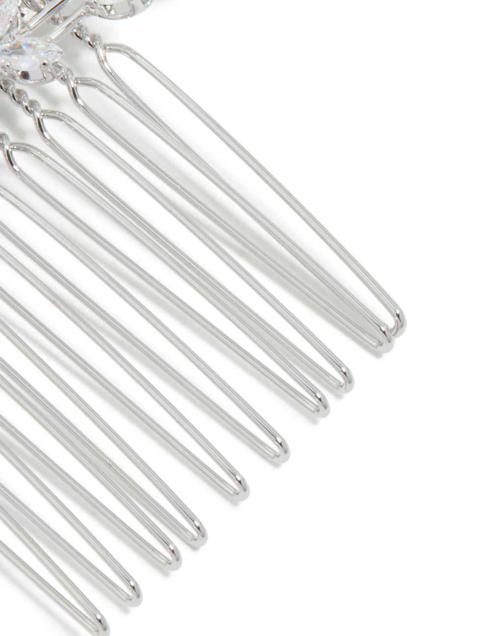 Designed with silver diamante dainty hair comb with floral elements side view