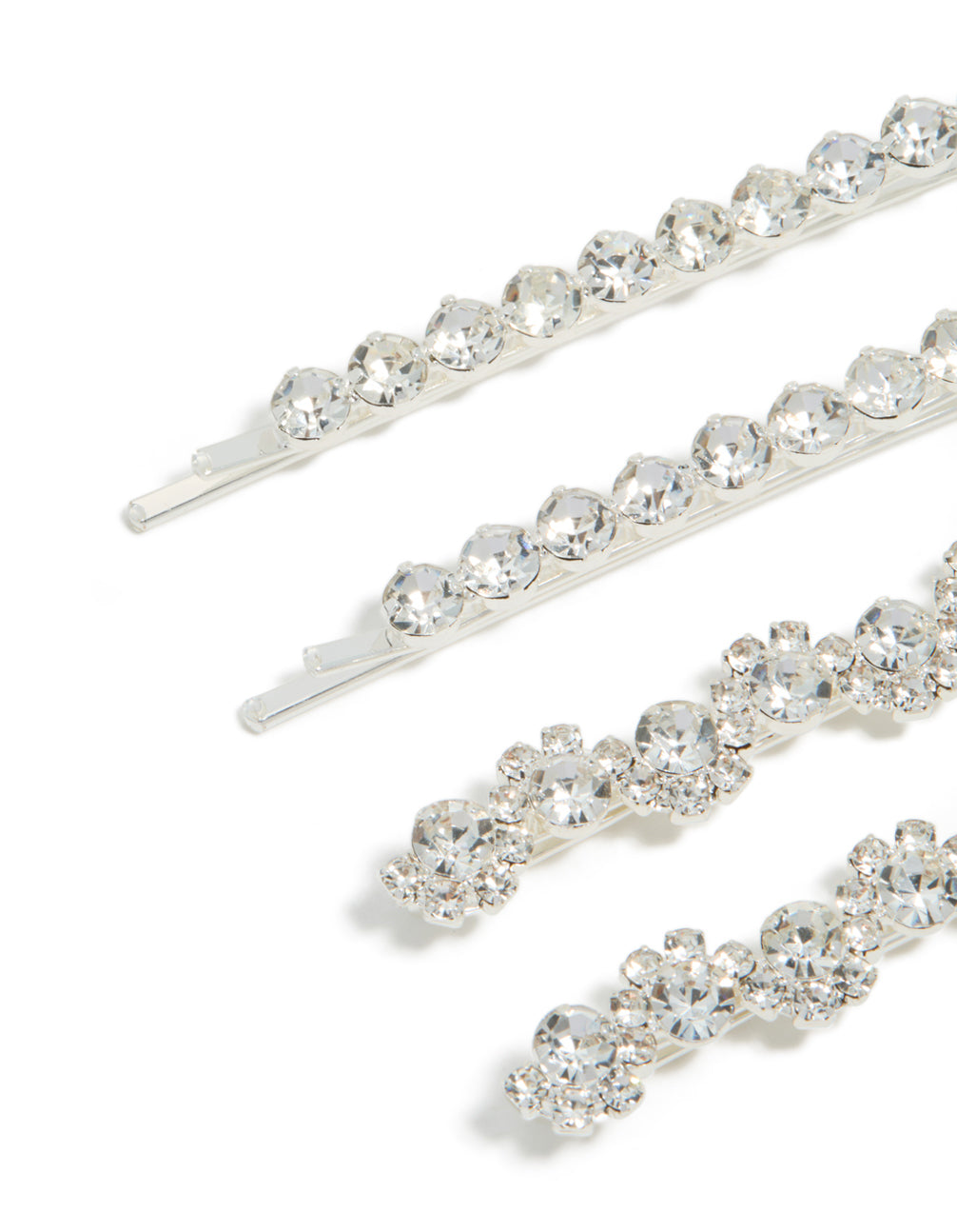 Featuring silver diamantes hair clips in a 4-pack detail view
