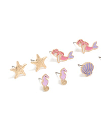 Kids Gold Mermaid & Dolphin Stud Earrings 6-Pack - link has visual effect only