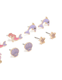 Kids Gold Mermaid & Dolphin Stud Earrings 6-Pack - link has visual effect only
