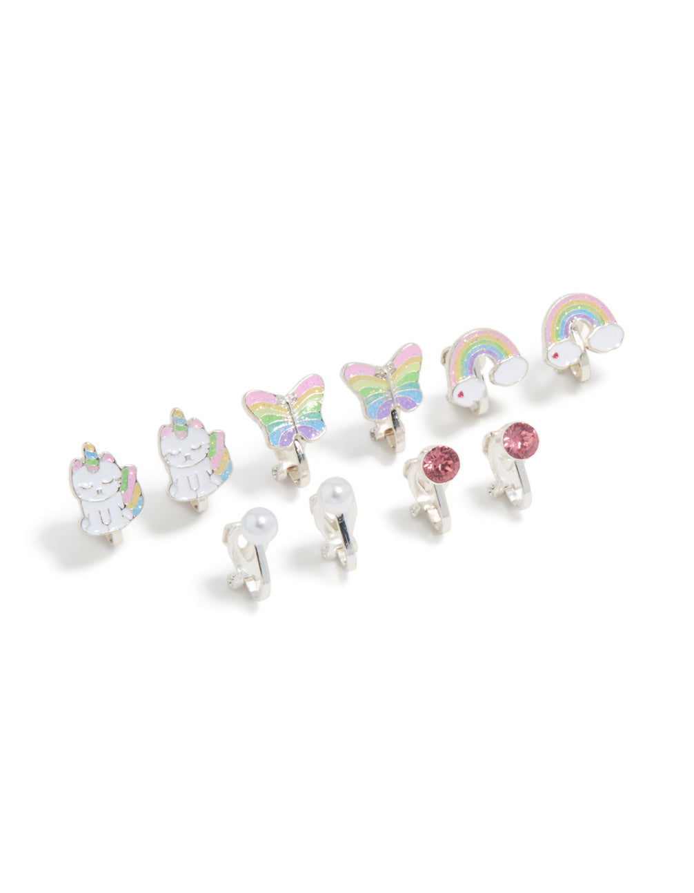 Kids Silver Rainbow Unicorn Cat Clip On Earrings 5-Pack