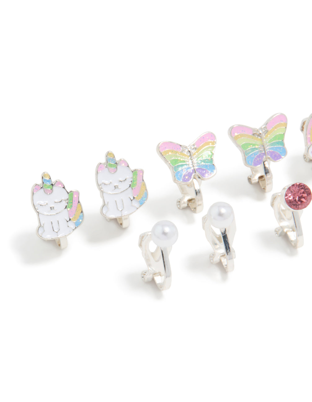 Kids Silver Rainbow Unicorn Cat Clip On Earrings 5-Pack