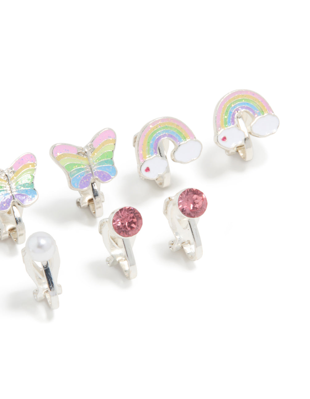 Kids Silver Rainbow Unicorn Cat Clip On Earrings 5-Pack