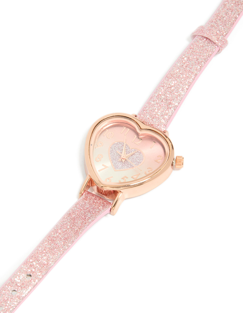 Kids Pink Glitter PU Leather Heart Watch