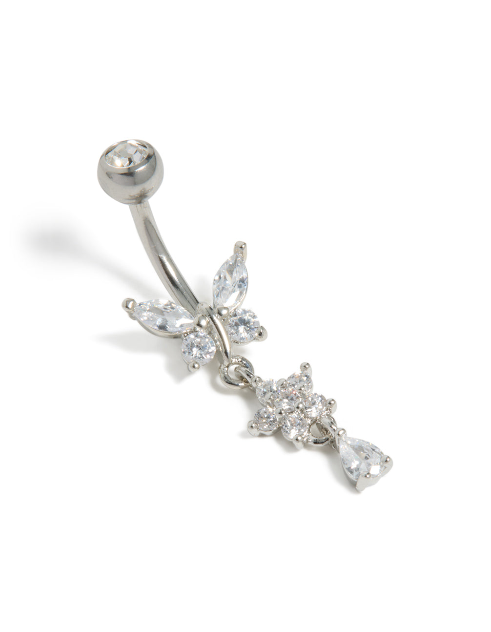 Surgical Steel Cubic Zirconia Butterfly & Flower Belly Bar