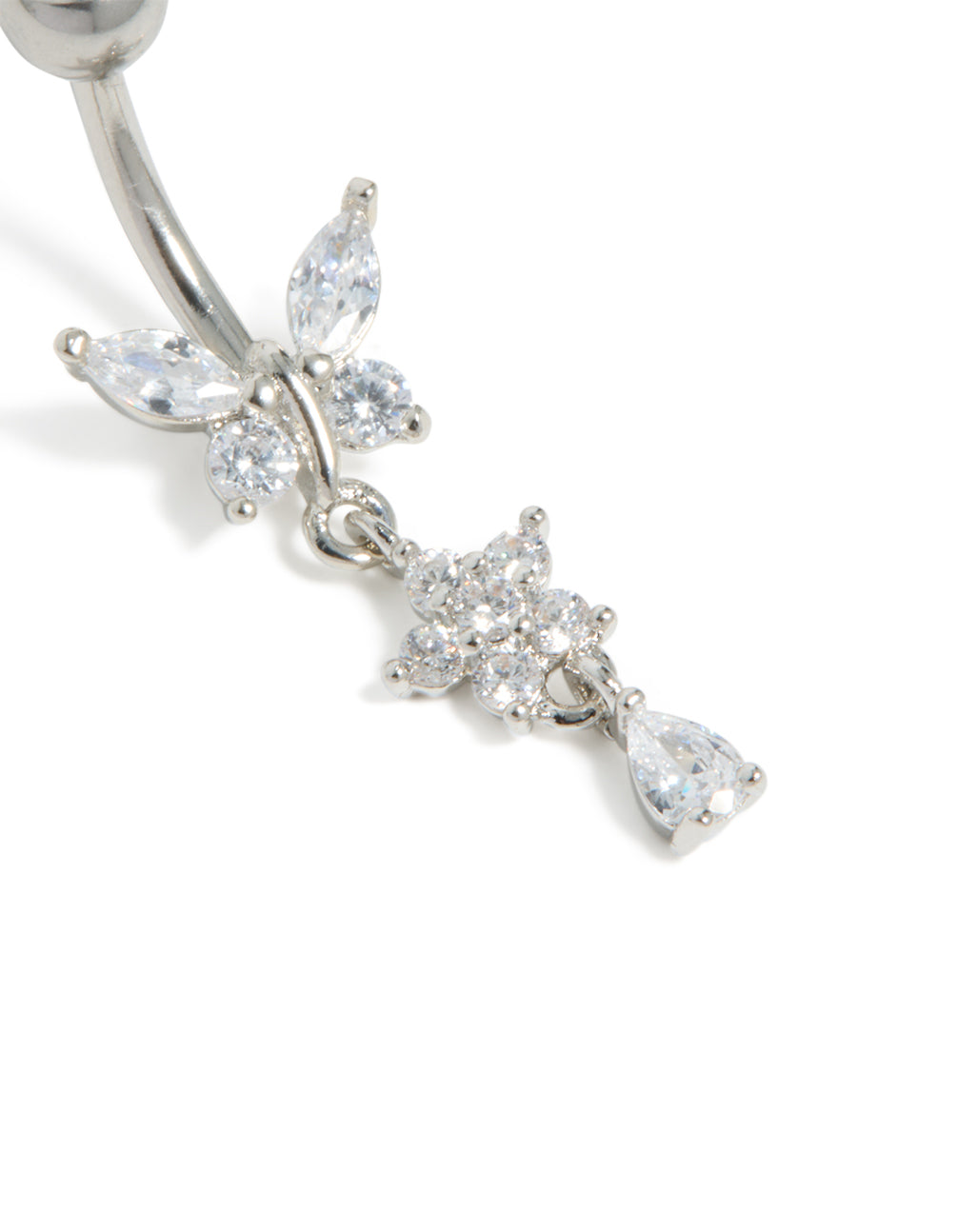 Surgical Steel Cubic Zirconia Butterfly & Flower Belly Bar