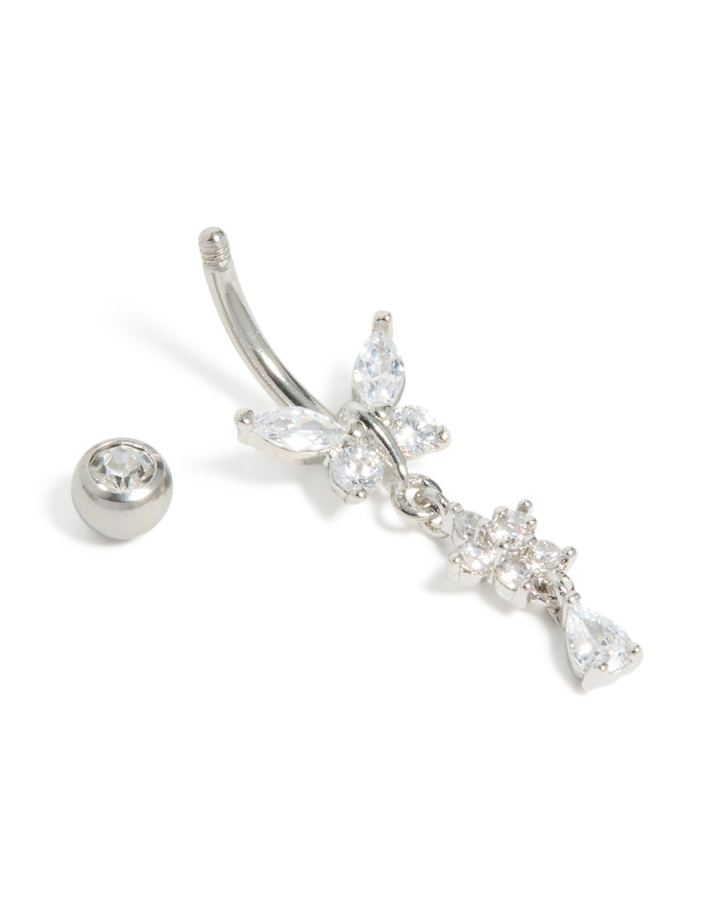 Surgical Steel Cubic Zirconia Butterfly & Flower Belly Bar