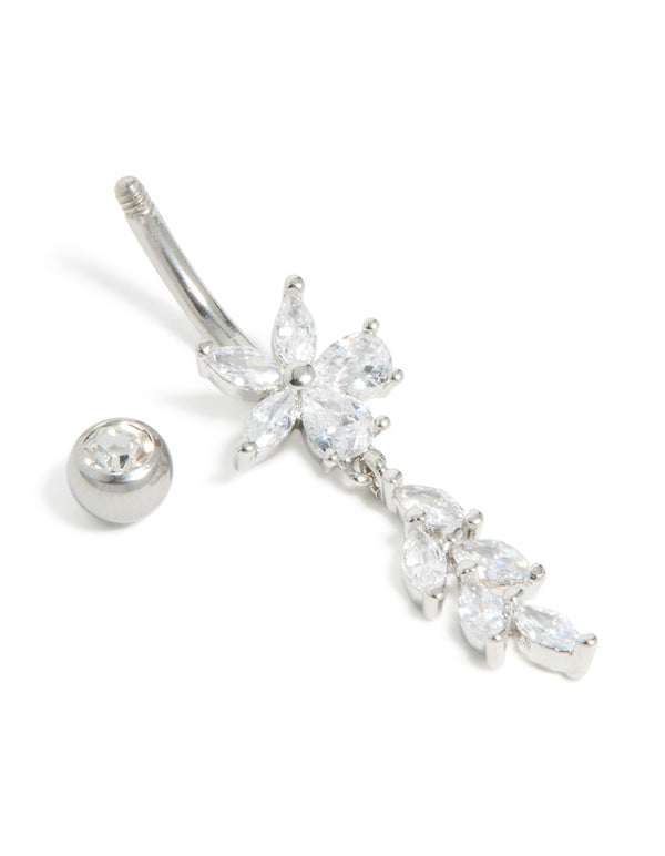 Surgical Steel Cubic Zirconia Flower Vine Drop Belly Bar