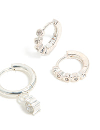 Waterproof Stainless Steel Bezel Diamante & Plain Huggie Earrings 2-Pack - link has visual effect only