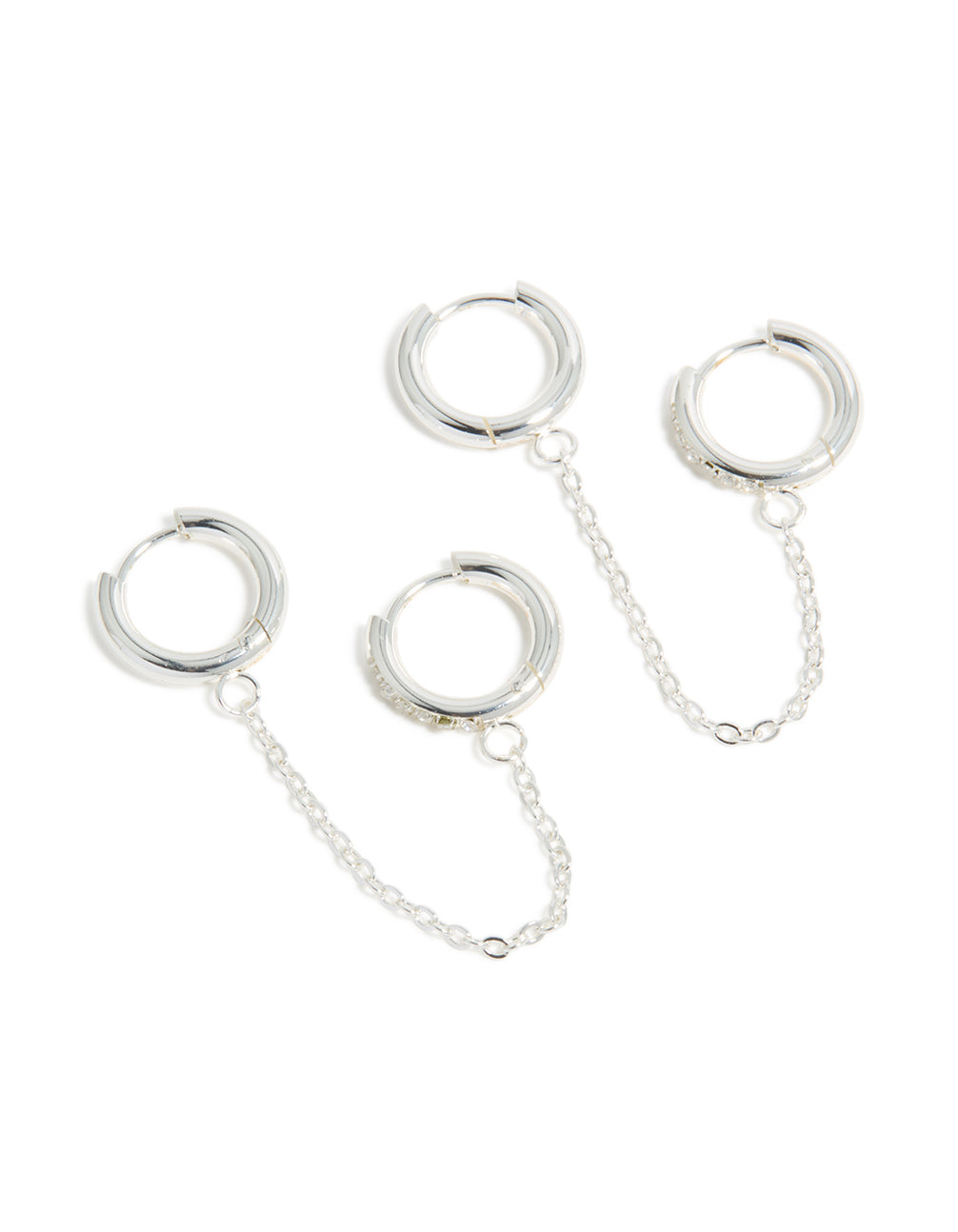 Crafted from waterproof stainless steel cubic zirconia chain link huggie earrings in a 2-pack silver finish front view