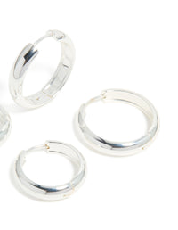 These elegant and chunky waterproof stainless steel thick hoop earrings in silver in a 2-pack with a post detail view - link has visual effect only