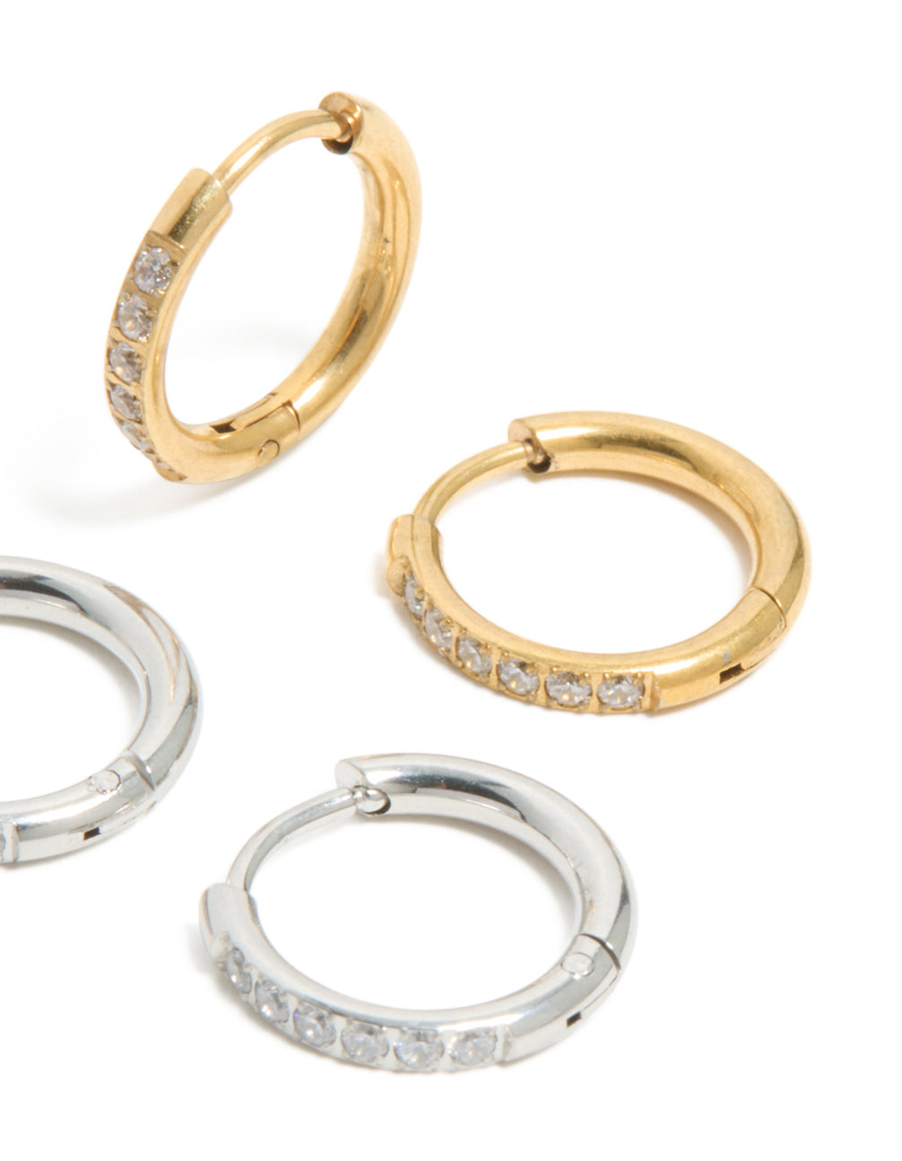 Detailed look at waterproof thin pavé huggie earrings in a 2-pack featuring stainless steel with cubic zirconia, gold plated and mixed silver and gold finishes post detail view