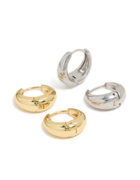 Waterproof mixed metal plated stainless steel tapered mini huggie earrings 2-pack in gold and silver front - link has visual effect only