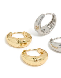 Designed with waterproof mixed metal plated stainless steel tapered mini huggie earrings 2-pack in gold and silver close up - link has visual effect only