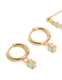 Waterproof Gold Plated Stainless Steel Cubic Zirconia  Huggie & Drop Earrings 2-Pack - link has visual effect only