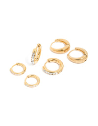Waterproof Gold Plated Stainless Steel Pavé  & Plain Huggies Earrings 3-Pack - link has visual effect only