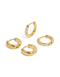 Waterproof Gold Plated Stainless Steel  Cubic Zirconia Pavé & Plain Huggie Earrings 2-Pack - link has visual effect only