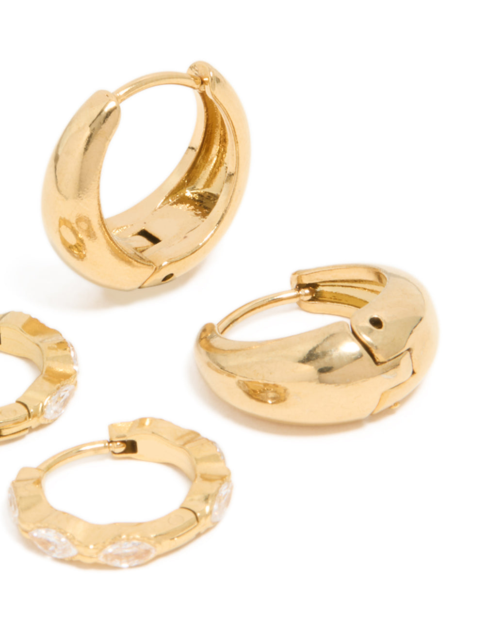 Explore waterproof gold plated stainless steel chunky oval cubic zirconia clicker earrings 2-pack with clear accents post detail view
