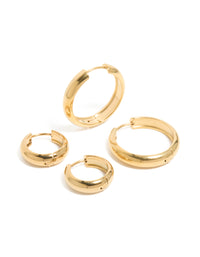 Crafted from waterproof gold plated stainless steel, these thick, small and large hoop earrings in a 2-pack with chunky statement design in a front view - link has visual effect only