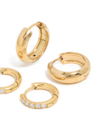 Waterproof Gold Plated Stainless Steel Cubic Zirconia Chubby Huggie Earrings 2-Pack - link has visual effect only