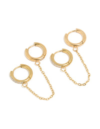 Featuring waterproof chain link huggie earrings in a 2-pack, made from gold plated stainless steel with cubic zirconia front view - link has visual effect only