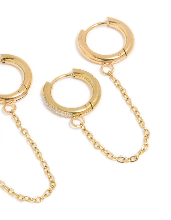 Displaying waterproof chain link huggie earrings in a 2-pack, crafted from gold plated stainless steel featuring cubic zirconia post detail view