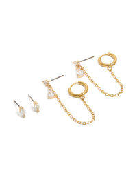 Waterproof Gold Plated Stainless Steel Mixed Cubic Zirconia Stud Earrings 2-Pack - link has visual effect only