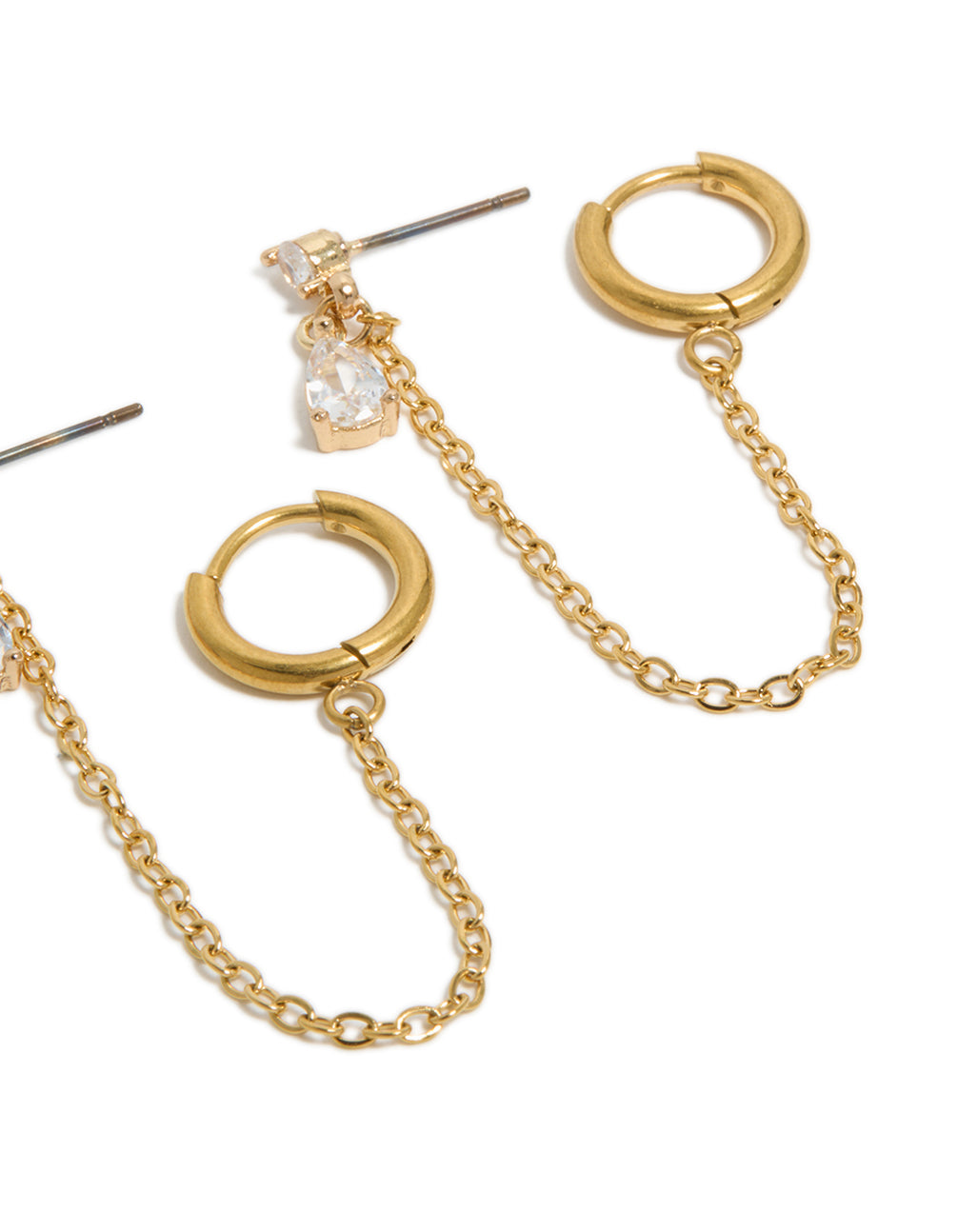 Explore waterproof gold plated stainless steel mixed cubic zirconia stud earrings 2-pack with marquise stone cut featuring huggie closure in gold post detail view