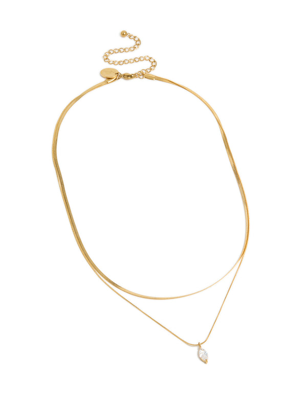 Waterproof Gold Plated Stainless Steel Marquise Cubic Zirconia Layered  Necklace