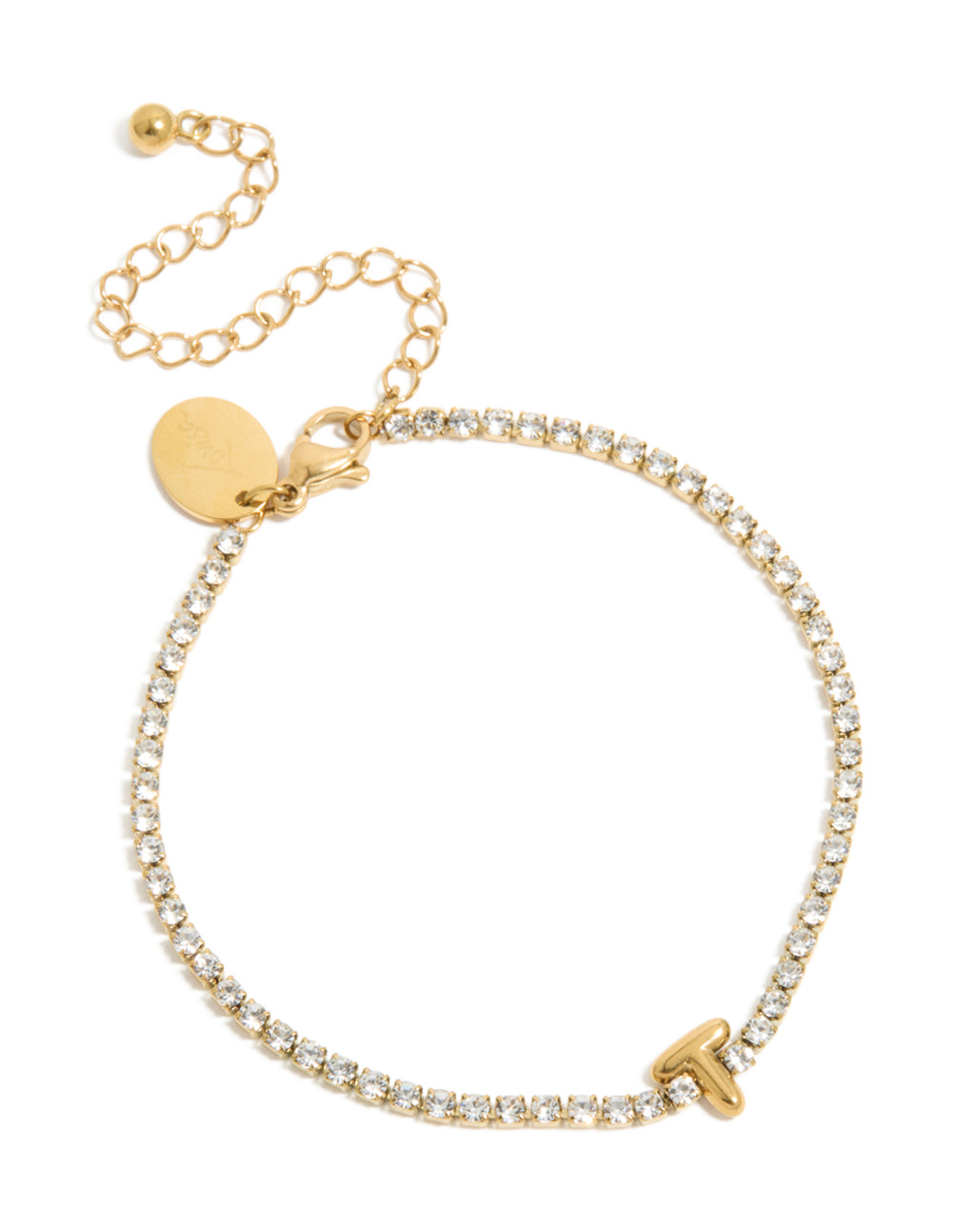 Displaying a waterproof gold plated stainless steel cubic zirconia letter T initial tennis bracelet in front view