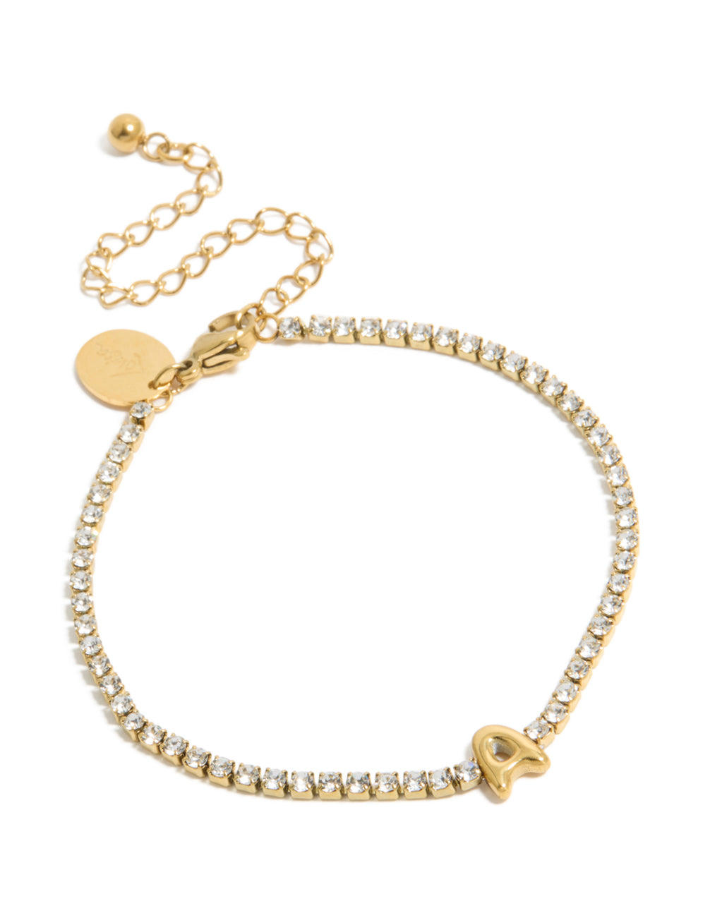 Elegant waterproof gold plated stainless steel tennis bracelet featuring cubic zirconia stones and letter A initial in front view