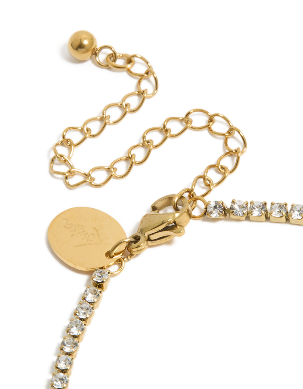 Waterproof gold plated stainless steel tennis bracelet with cubic zirconia stones and letter A initial in closure detail view
