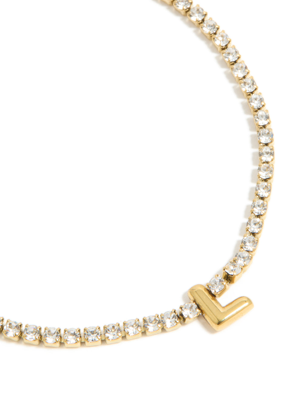 Crafted with waterproof gold plated stainless steel cubic zirconia tennis letter L bracelet featuring initials in dainty statement style close up view