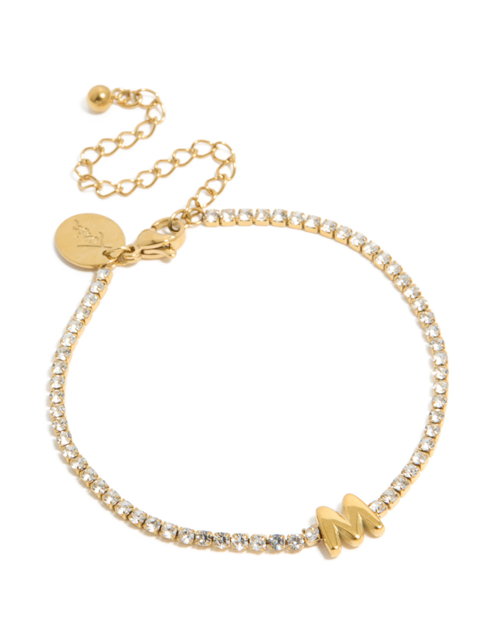 Discover a waterproof gold plated stainless steel cubic zirconia with letter M initial tennis bracelet in front view