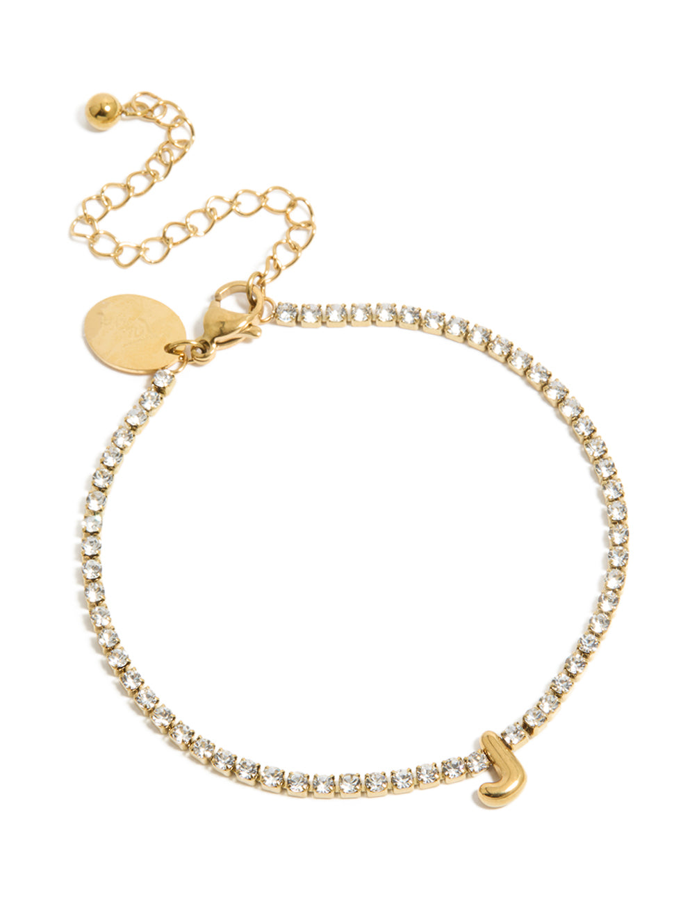 Elegant waterproof gold plated stainless steel tennis bracelet with cubic zirconia stones and letter J initial in front view