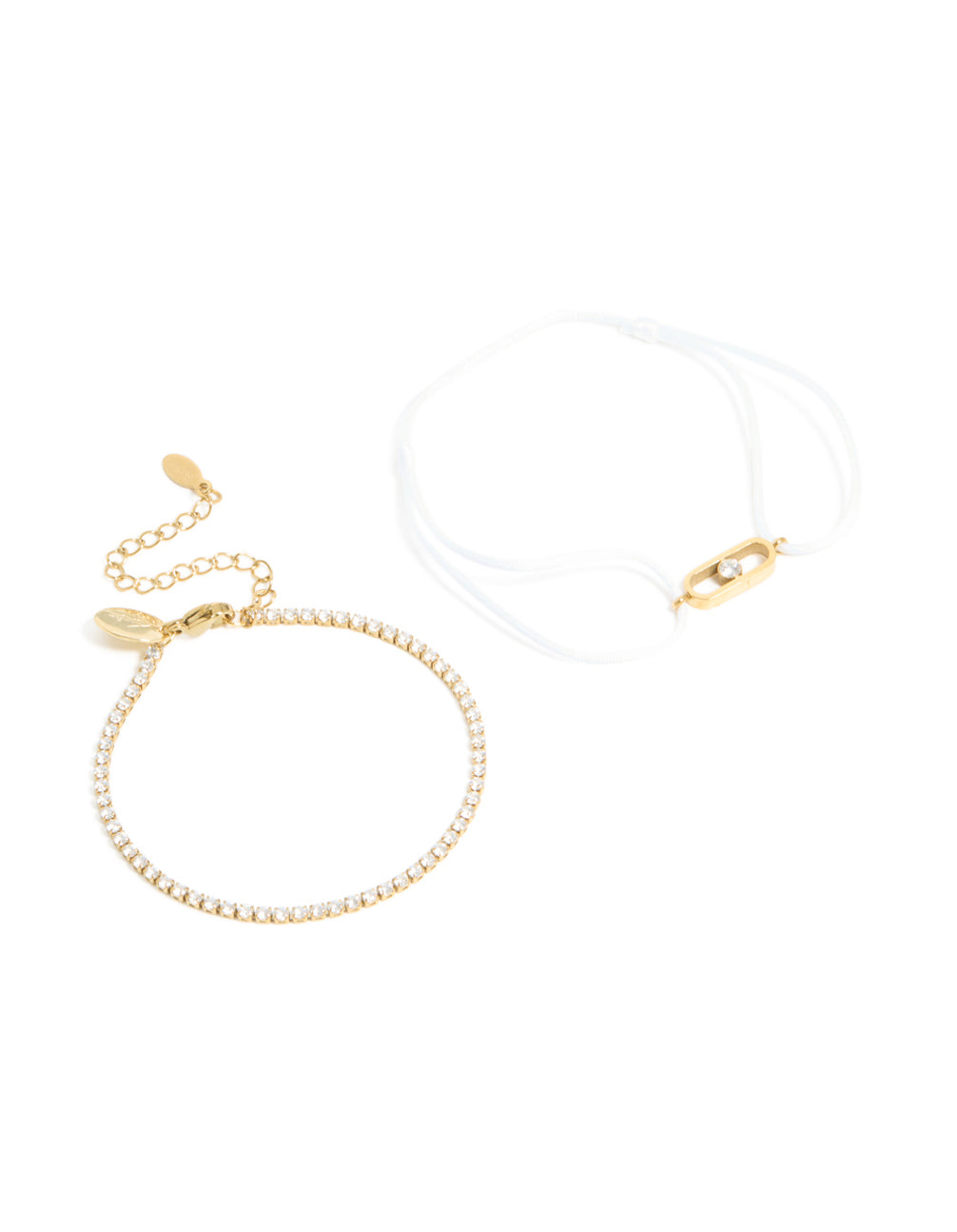 Elegant waterproof gold plated stainless steel cubic zirconia tennis and white cord bracelet set front view
