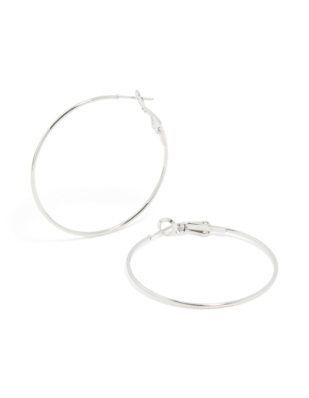 Featuring surgical steel 40 MM fine hoop earrings in statement silver finish front view