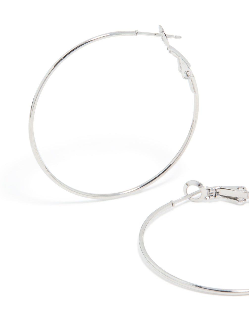 Presenting surgical steel 40 MM fine hoop earrings in statement silver finish with close up view