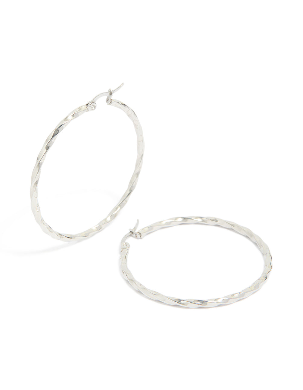 Featuring textured surgical steel hoop earrings in silver 40 MM front view