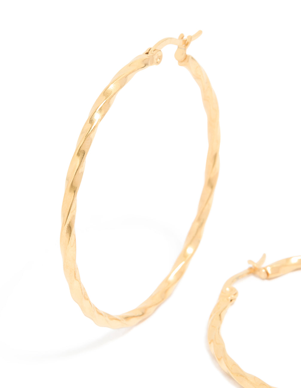 Featuring gold plated surgical steel textured hoop earrings in 40 MM close up view