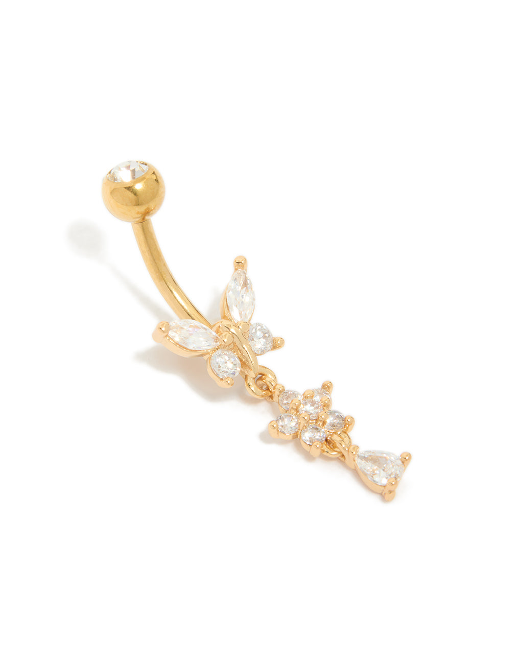 Crafted from gold plated titanium, this belly bar features a butterfly and floral charm with cubic zirconia front view