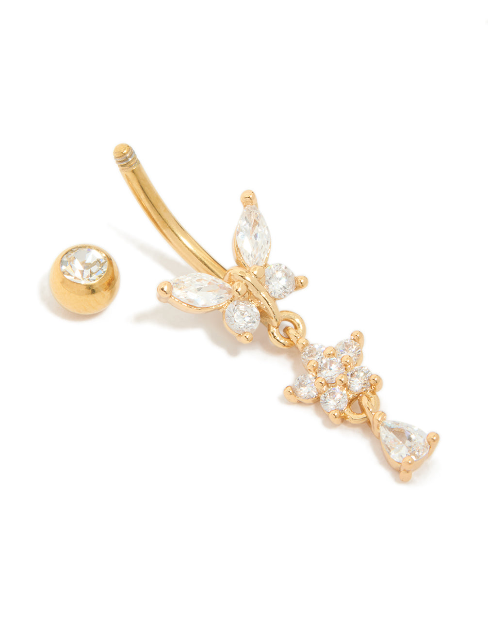 This gold plated titanium belly bar with butterfly and floral cubic zirconia charm is shown unclasped detail view