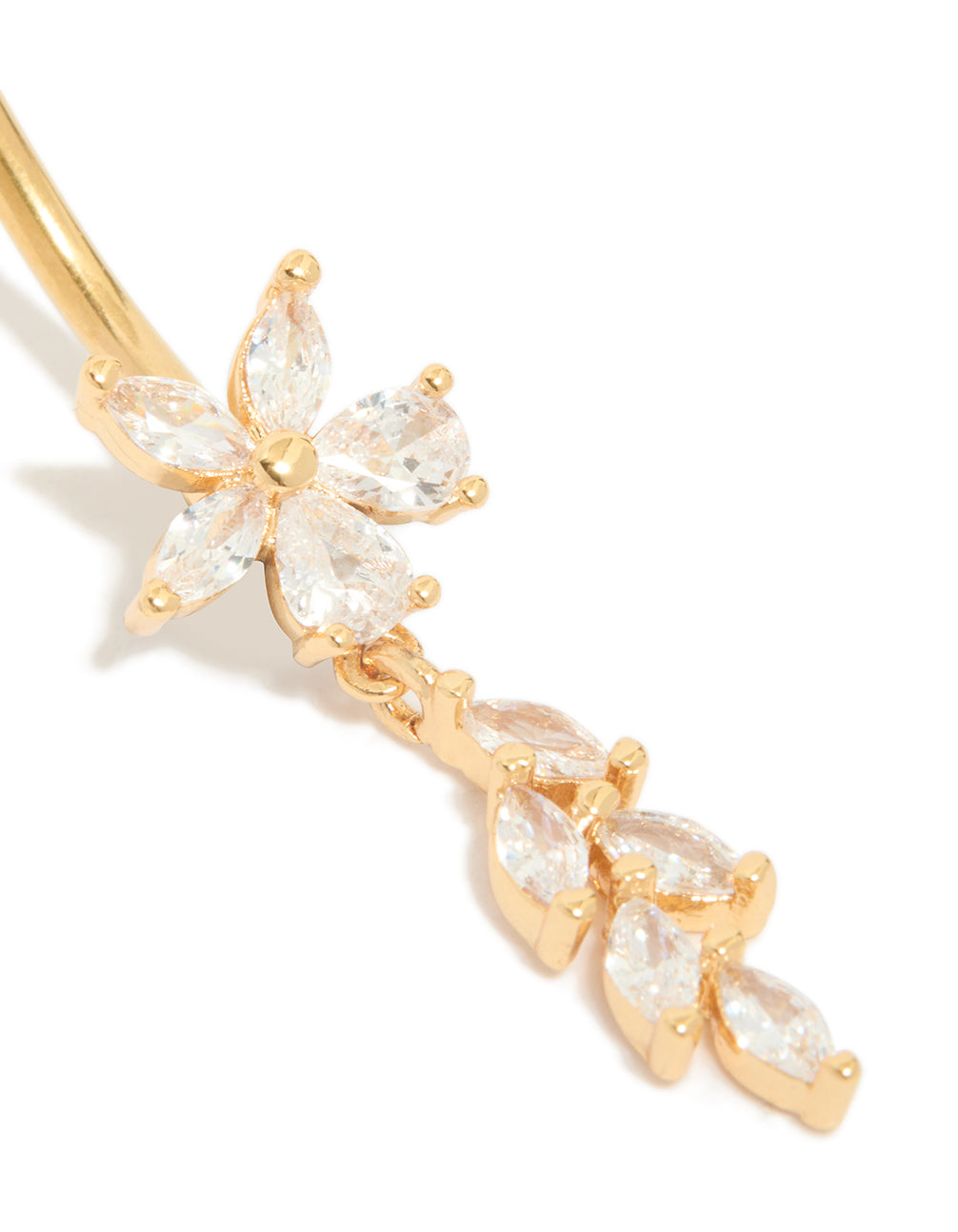 Showcasing a gold plated titanium belly bar with cubic zirconia floral with charm vine close-up detail close up view