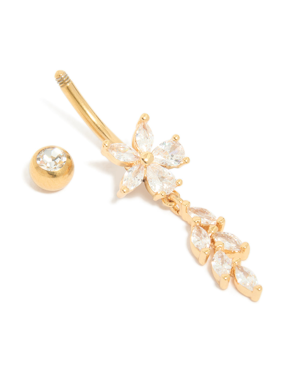 Crafted from gold plated titanium with cubic zirconia floral with charm vine belly bar detail view