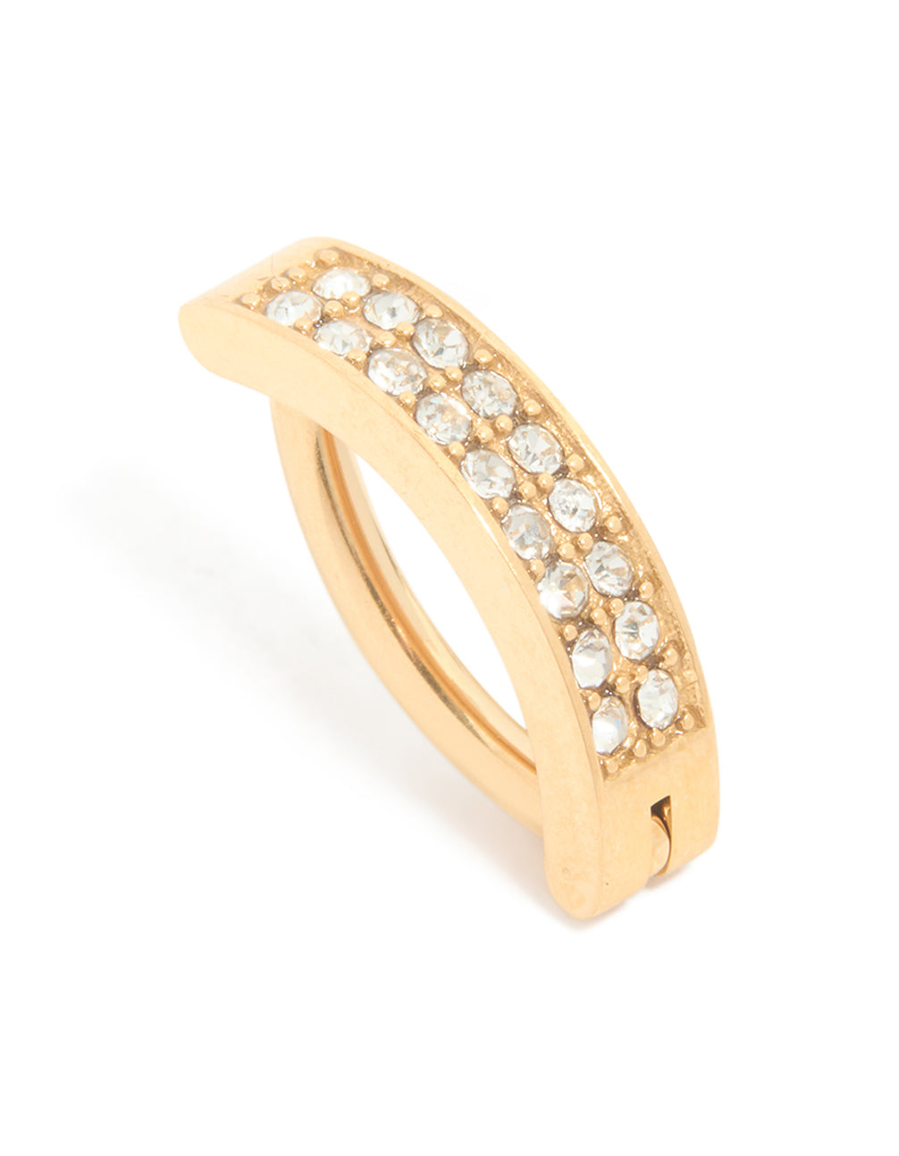 Showcasing a curved belly ring crafted from gold plated titanium with cubic zirconia cluster front view