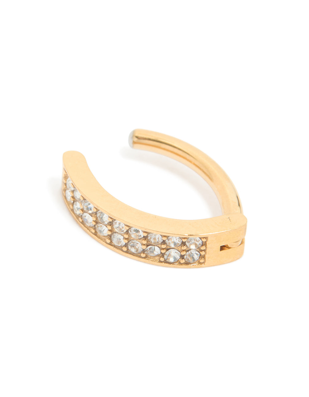Featuring a gold plated titanium curved belly ring with cubic zirconia cluster detail view