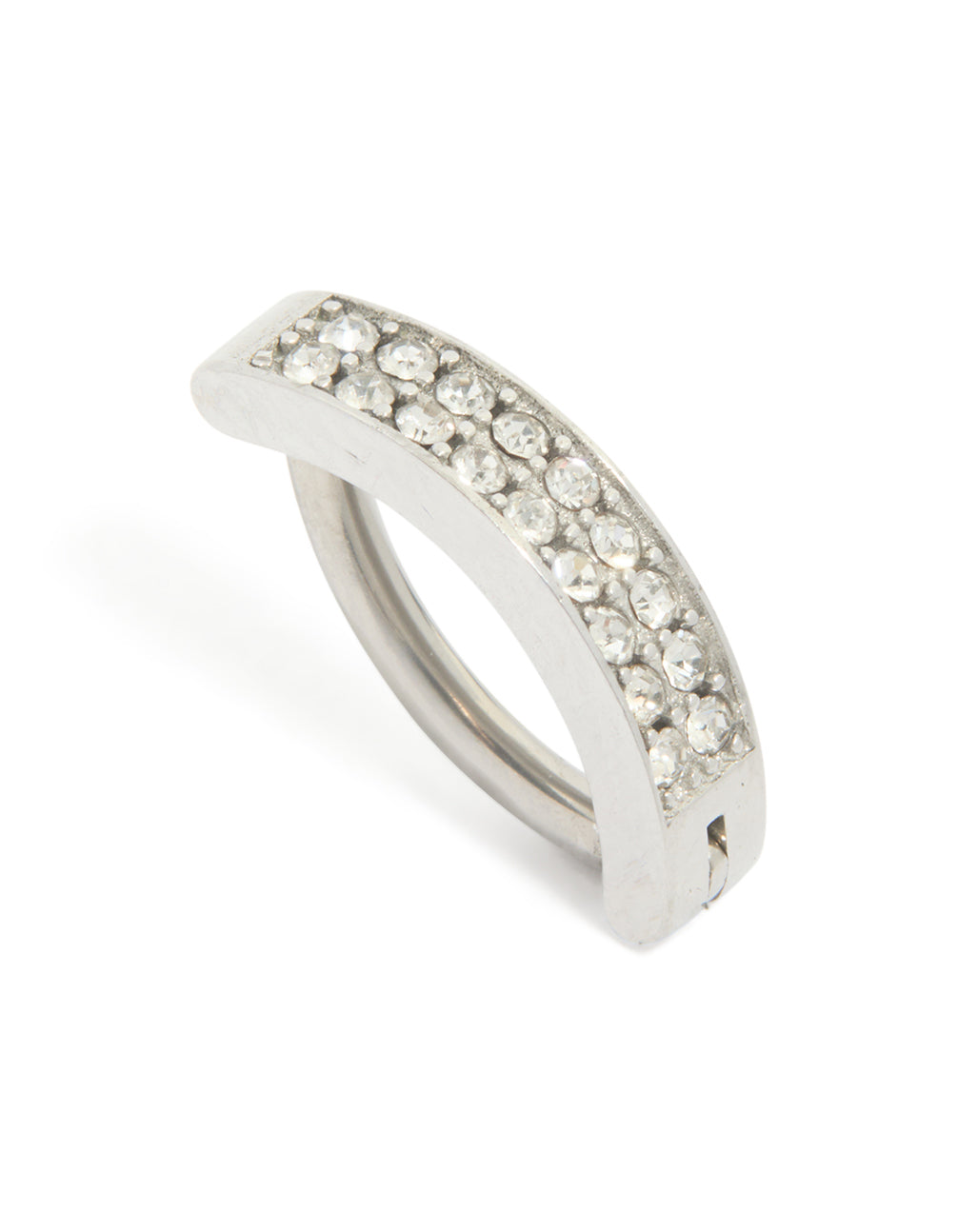 Featuring a titanium cubic zirconia cluster curved belly ring, crafted from crystal and titanium in silver front view
