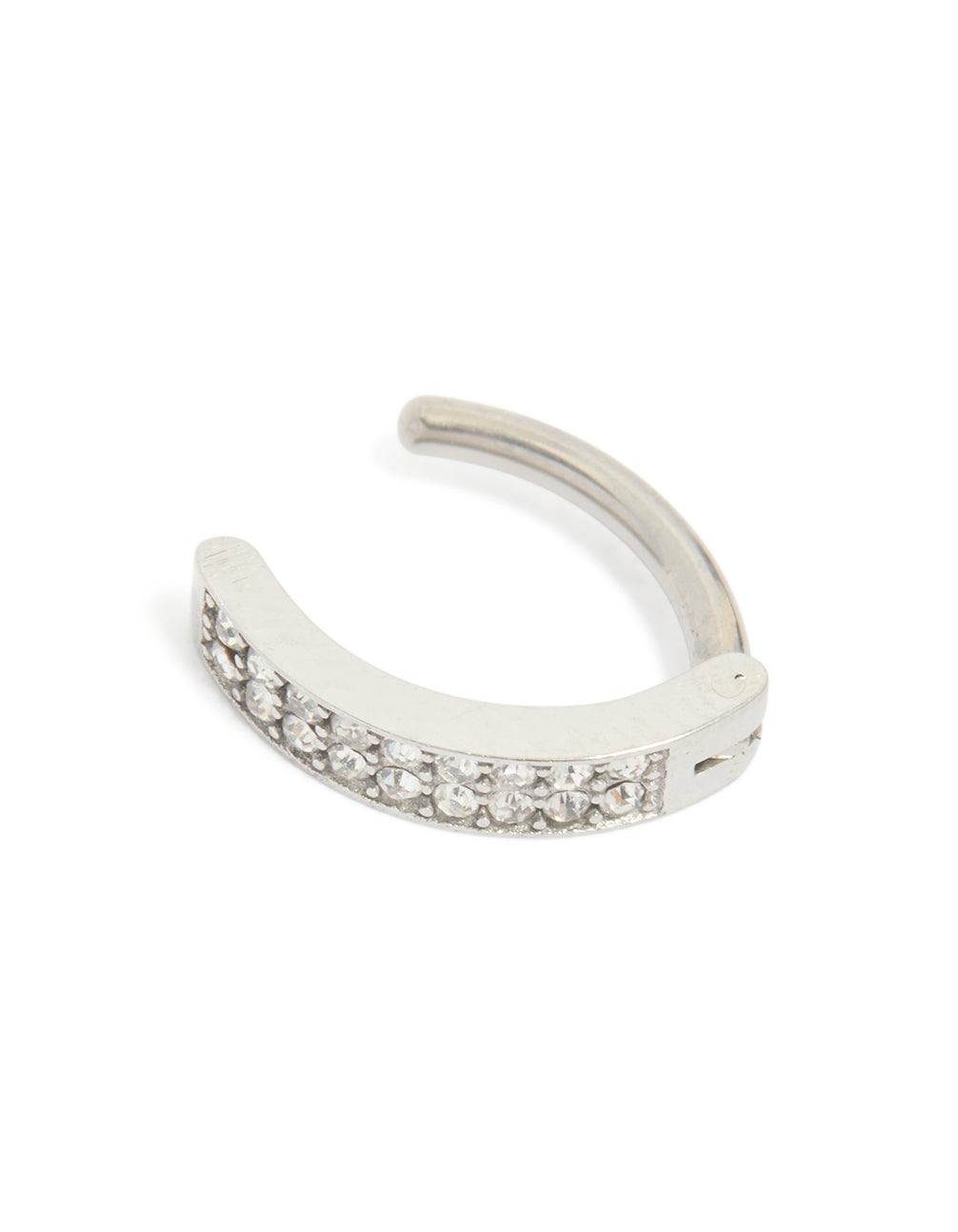 Showcasing a curved belly ring with titanium construction, featuring cubic zirconia cluster in silver detail view