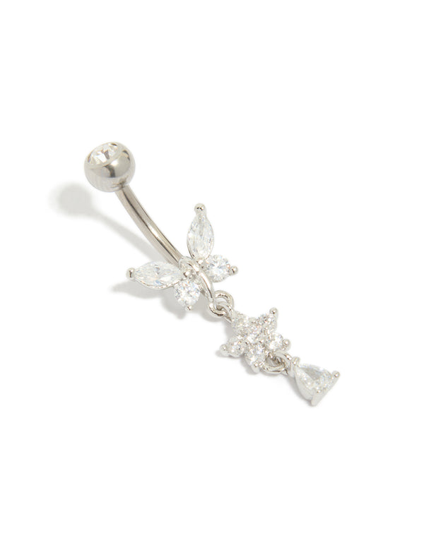 Titanium Cubic Zirconia  Butterfly & Flower Belly Bar